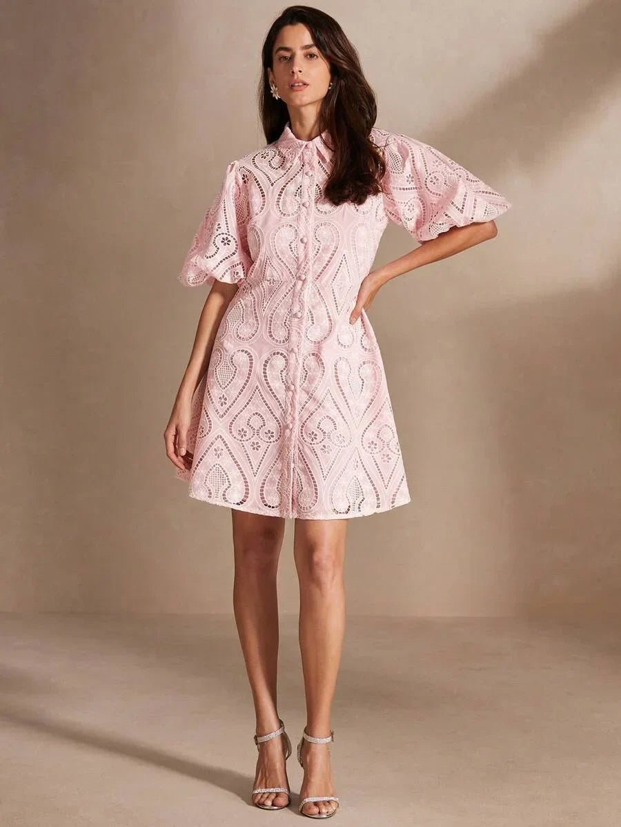 Presley Midi Dress - Puff Sleeve - Ruffle Hem - Eyelet Embroidery - Colorblock - Casual