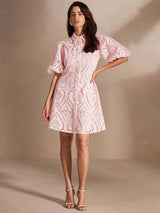 Presley Midi Dress - Puff Sleeve - Ruffle Hem - Eyelet Embroidery - Colorblock - Casual