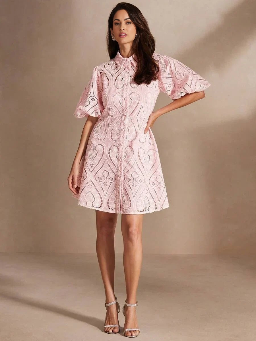Presley Midi Dress - Puff Sleeve - Ruffle Hem - Eyelet Embroidery - Colorblock - Casual