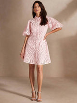 Presley Midi Dress - Puff Sleeve - Ruffle Hem - Eyelet Embroidery - Colorblock - Casual