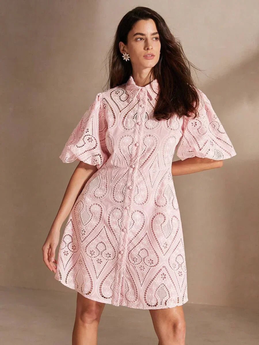 Presley Midi Dress - Puff Sleeve - Ruffle Hem - Eyelet Embroidery - Colorblock - Casual