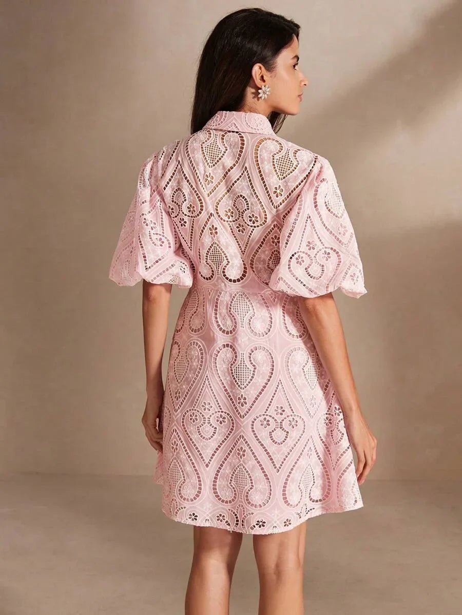 Presley Midi Dress - Puff Sleeve - Ruffle Hem - Eyelet Embroidery - Colorblock - Casual