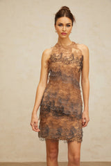 Presley Mini Dress Brown & Grey Corded Lace A - Line Frayed Texture Slip Zip Thigh