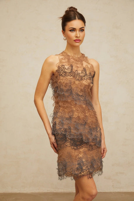 Presley Mini Dress Brown & Grey Corded Lace A - Line Frayed Texture Slip Zip Thigh