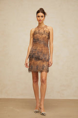 Presley Mini Dress Brown & Grey Corded Lace A - Line Frayed Texture Slip Zip Thigh