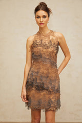 Presley Mini Dress Brown & Grey Corded Lace A - Line Frayed Texture Slip Zip Thigh