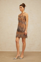 Presley Mini Dress Brown & Grey Corded Lace A - Line Frayed Texture Slip Zip Thigh