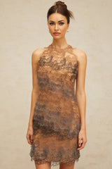 Presley Mini Dress Brown & Grey Corded Lace A - Line Frayed Texture Slip Zip Thigh