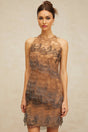 Presley Mini Dress Brown & Grey Corded Lace A - Line Frayed Texture Slip Zip Thigh