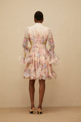 Presley Mini Dress - Crew Neck - Flared Cuffs - Tied Waist - Floral Print - Godet Design