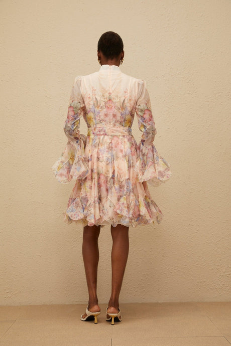 Presley Mini Dress - Crew Neck - Flared Cuffs - Tied Waist - Floral Print - Godet Design