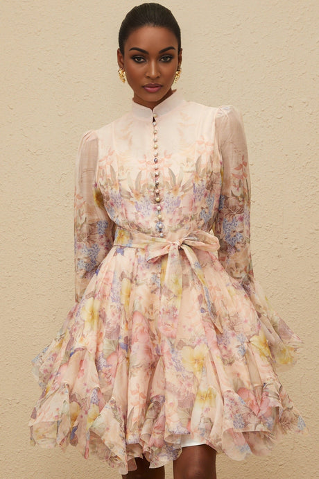Presley Mini Dress - Crew Neck - Flared Cuffs - Tied Waist - Floral Print - Godet Design