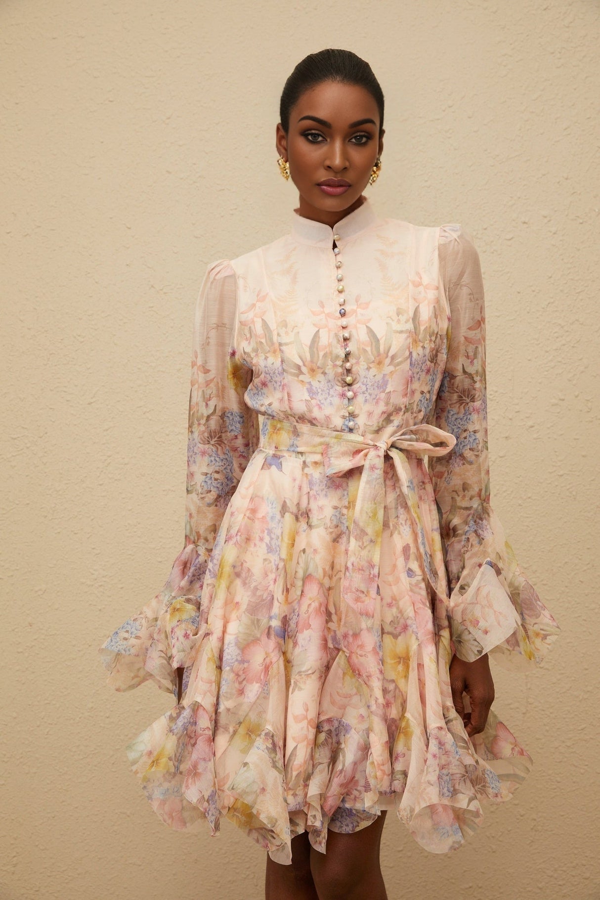 Presley Mini Dress - Crew Neck - Flared Cuffs - Tied Waist - Floral Print - Godet Design