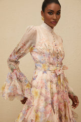 Presley Mini Dress - Crew Neck - Flared Cuffs - Tied Waist - Floral Print - Godet Design