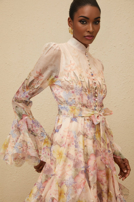 Presley Mini Dress - Crew Neck - Flared Cuffs - Tied Waist - Floral Print - Godet Design