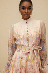 Presley Mini Dress - Crew Neck - Flared Cuffs - Tied Waist - Floral Print - Godet Design