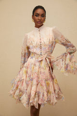 Presley Mini Dress - Crew Neck - Flared Cuffs - Tied Waist - Floral Print - Godet Design