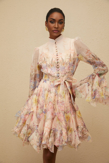 Presley Mini Dress - Crew Neck - Flared Cuffs - Tied Waist - Floral Print - Godet Design