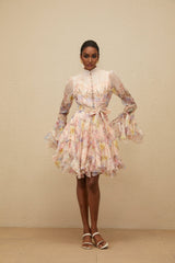 Presley Mini Dress - Crew Neck - Flared Cuffs - Tied Waist - Floral Print - Godet Design