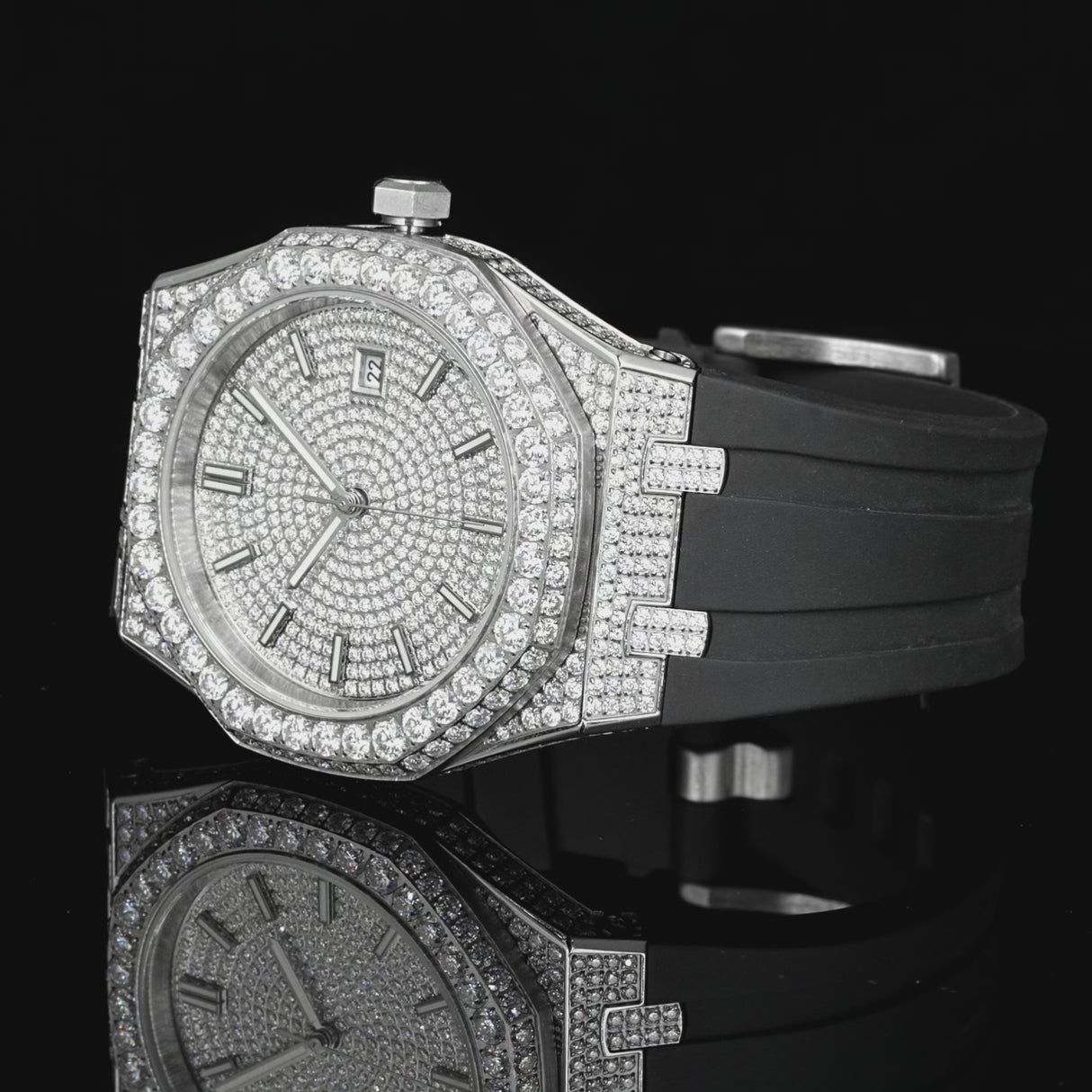 Luna Moissanite Watch – Automatic Mechanical Movement – 43mm 316L Steel – 13ct D VVS1 – Silicone Strap