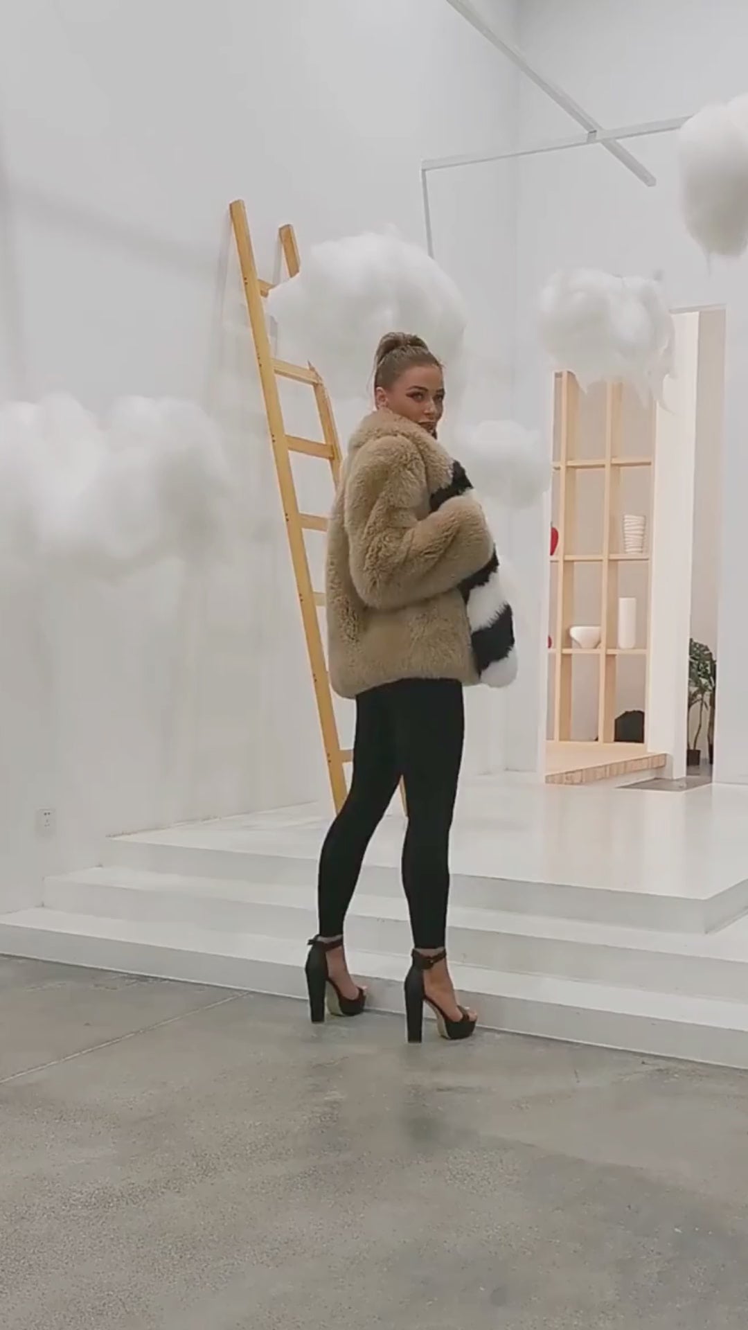 Beige Fox Fur Jacket with Black & White Striped Accent