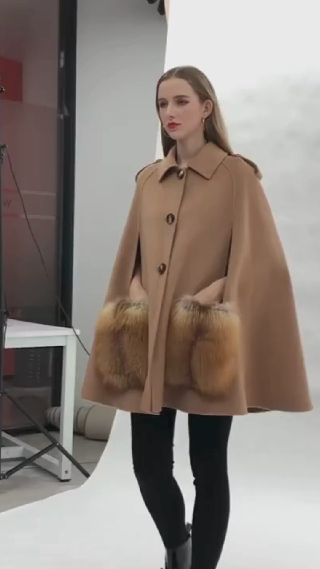 Vivienne Winter Cape in Cashmere Wool with Genuine Fox Fur Pockets
