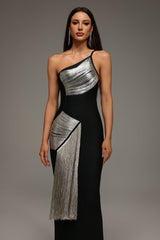 Primula Black One-Shoulder Bandage Dress with Silver Detailing and Tassel Accents