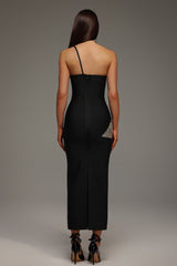 Primula Black One-Shoulder Bandage Dress with Silver Detailing and Tassel Accents