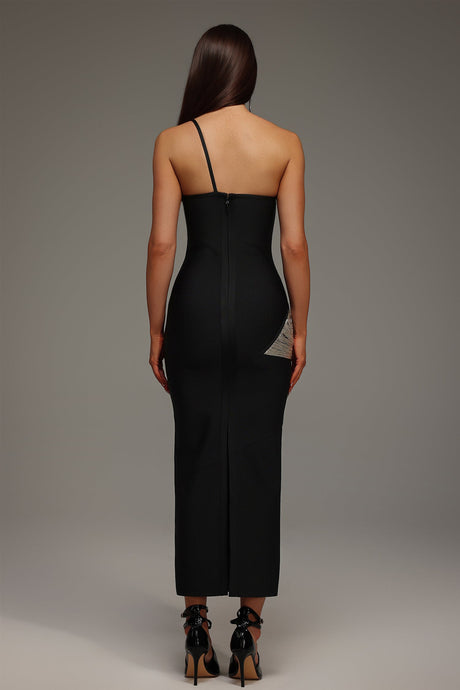 Primula Black One-Shoulder Bandage Dress with Silver Detailing and Tassel Accents