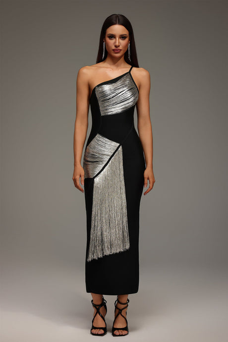 Primula Black One-Shoulder Bandage Dress with Silver Detailing and Tassel Accents