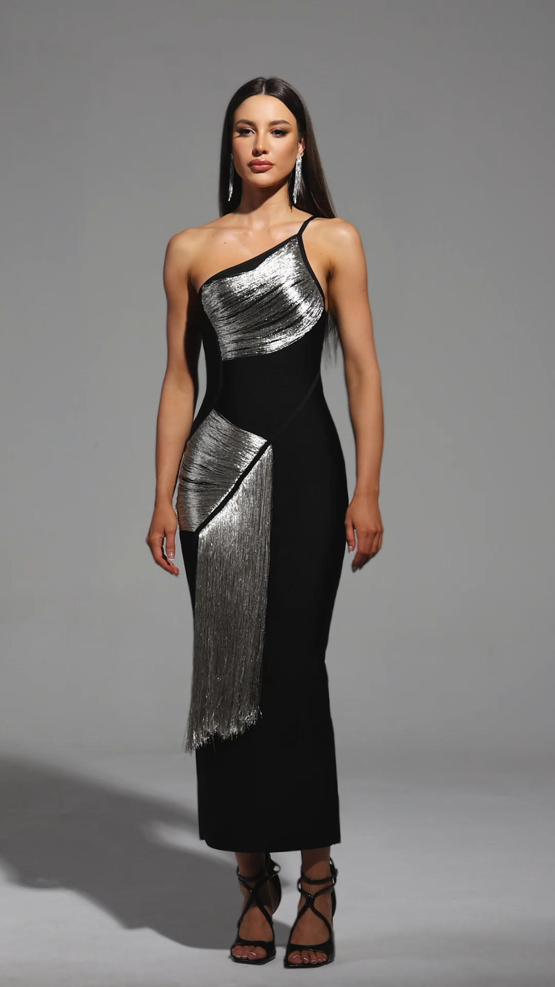 Primula Black One-Shoulder Bandage Dress with Silver Detailing and Tassel Accents