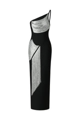 Primula Black One-Shoulder Bandage Dress with Silver Detailing and Tassel Accents