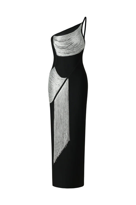 Primula Black One-Shoulder Bandage Dress with Silver Detailing and Tassel Accents