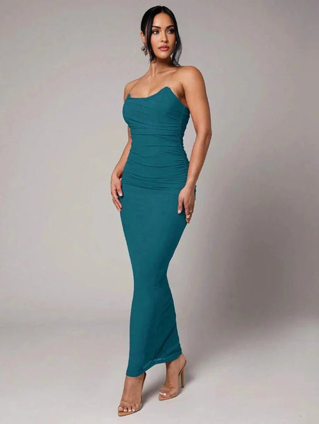 Primula Maxi Dress - Refined Style - Sleeveless Design - High Stretch Fabric - Slim Fit - Backless, Ruched, Split - Pencil Hem Shape