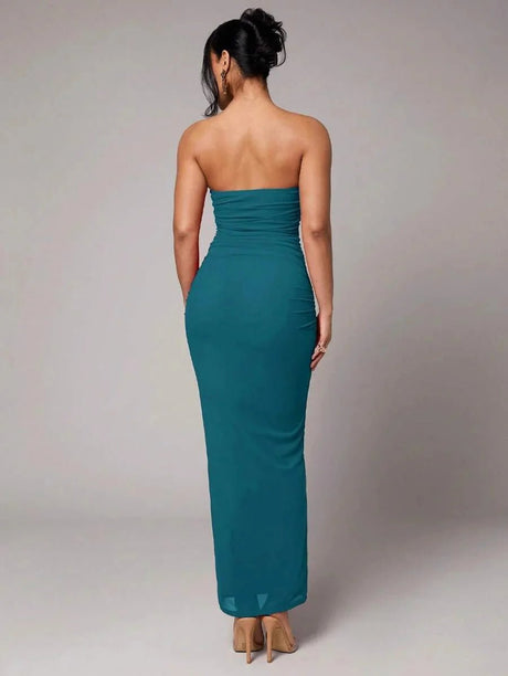 Primula Maxi Dress - Refined Style - Sleeveless Design - High Stretch Fabric - Slim Fit - Backless, Ruched, Split - Pencil Hem Shape