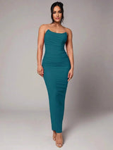 Primula Maxi Dress - Refined Style - Sleeveless Design - High Stretch Fabric - Slim Fit - Backless, Ruched, Split - Pencil Hem Shape