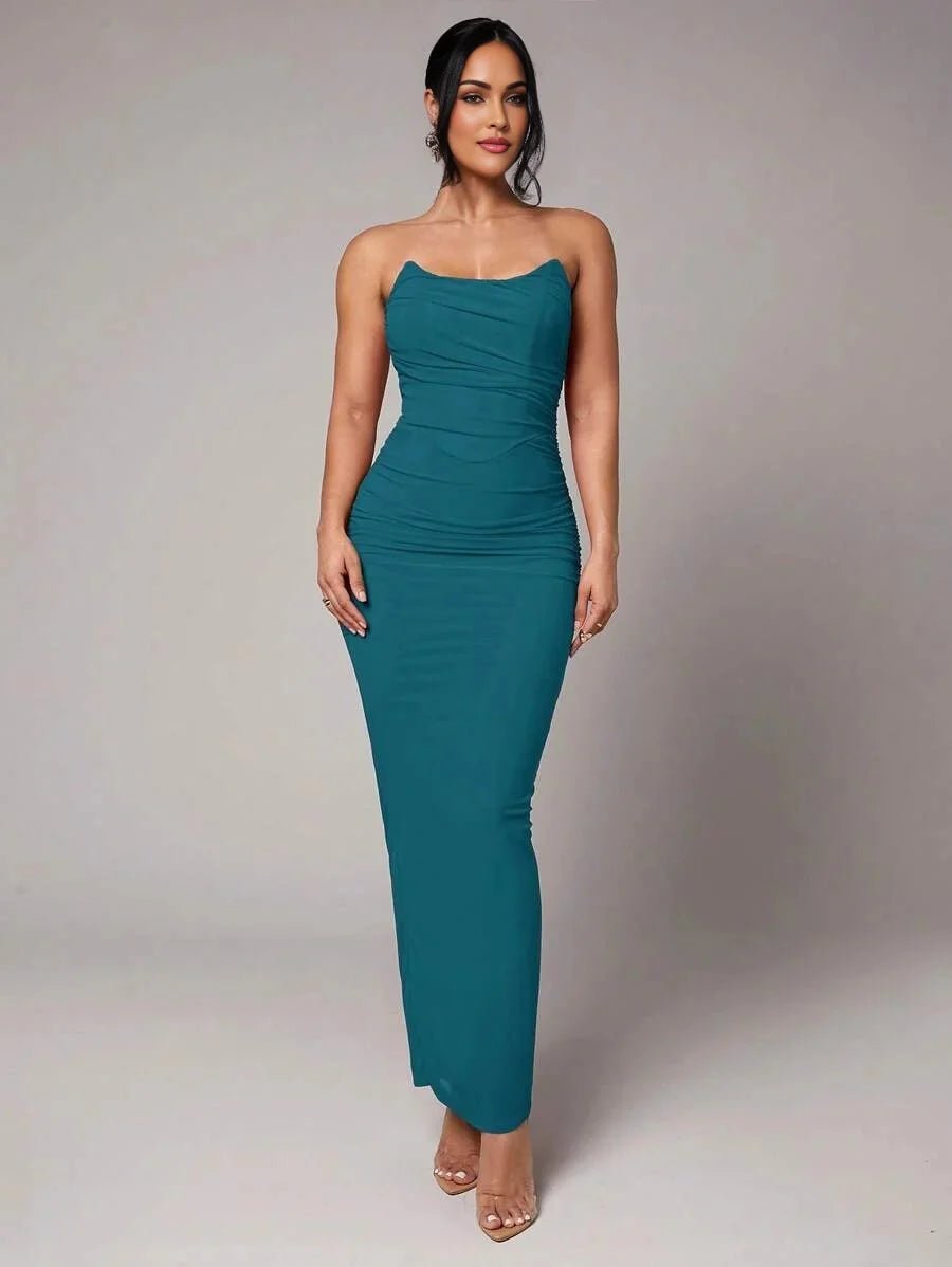 Primula Maxi Dress - Refined Style - Sleeveless Design - High Stretch Fabric - Slim Fit - Backless, Ruched, Split - Pencil Hem Shape
