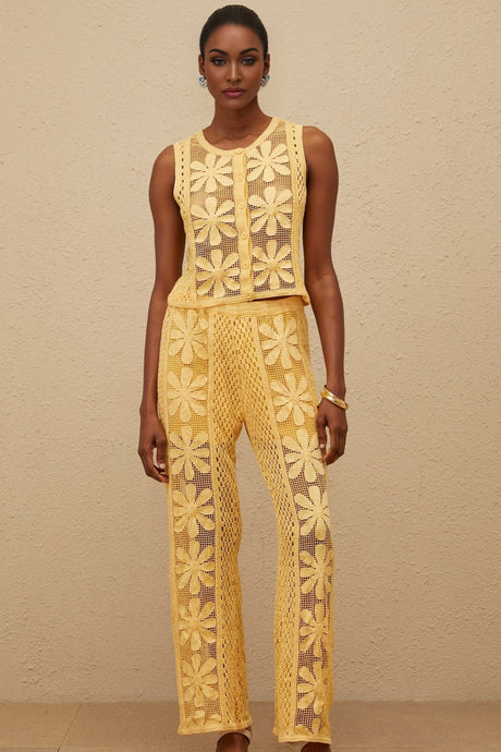 Primula Top & Trousers Set - Crochet Knit - Floral Jacquard - Elasticated Waistband - Button Fastening