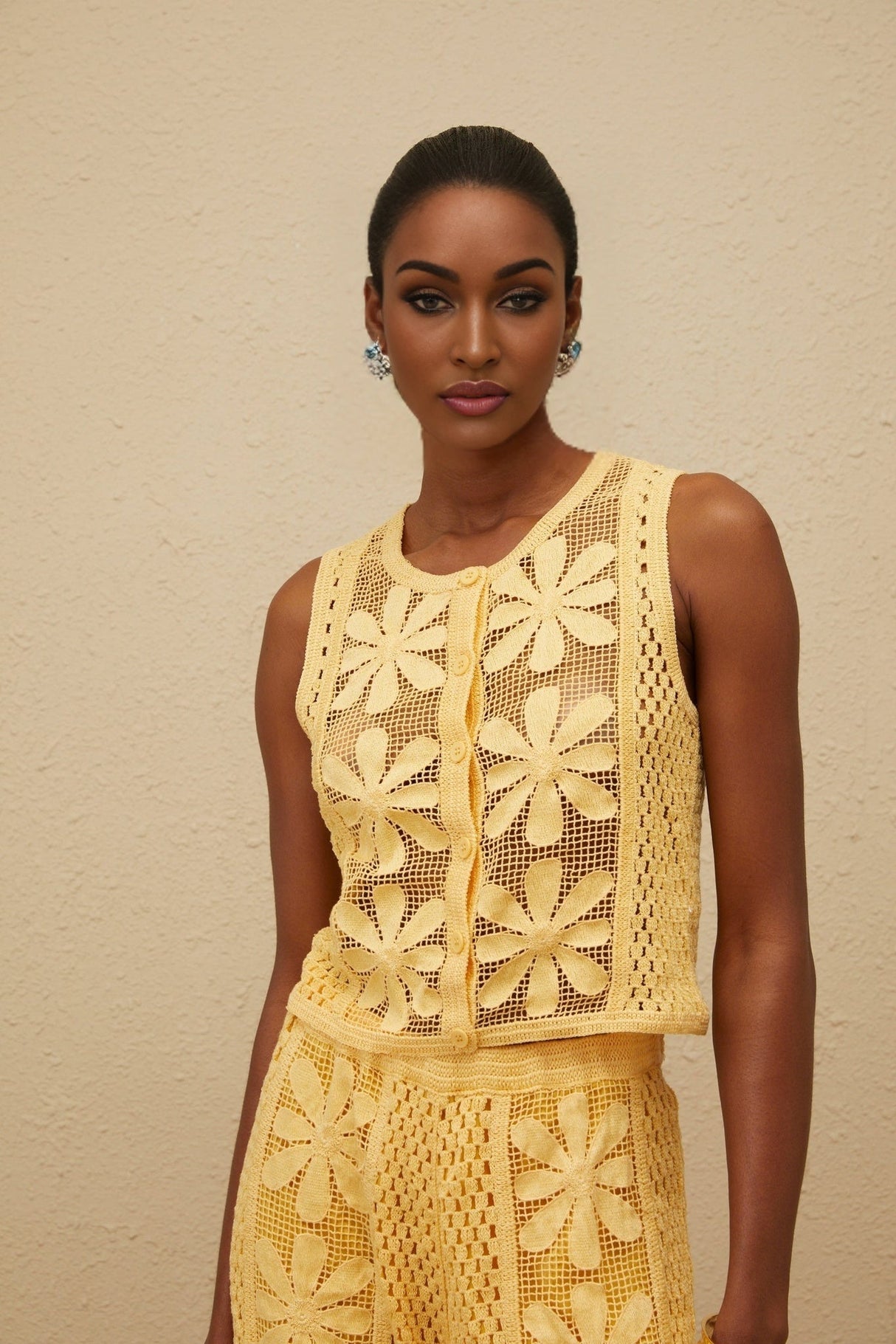 Primula Top & Trousers Set - Crochet Knit - Floral Jacquard - Elasticated Waistband - Button Fastening