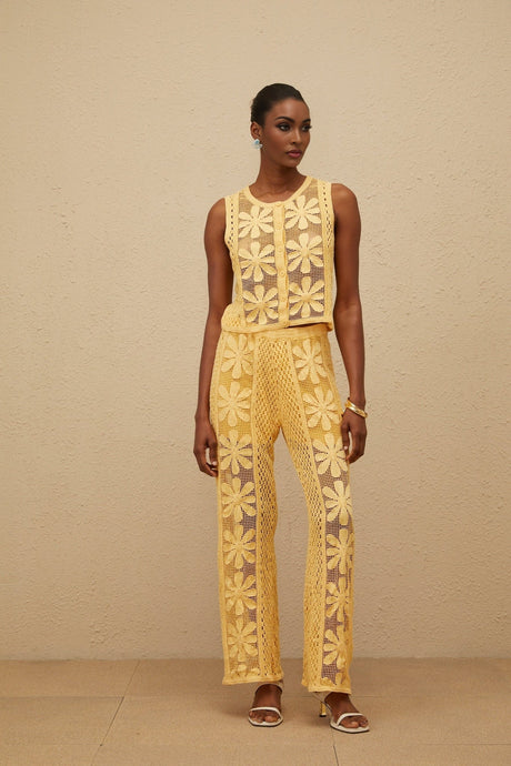 Primula Top & Trousers Set - Crochet Knit - Floral Jacquard - Elasticated Waistband - Button Fastening
