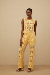 Primula Top & Trousers Set - Crochet Knit - Floral Jacquard - Elasticated Waistband - Button Fastening
