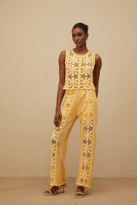 Primula Top & Trousers Set - Crochet Knit - Floral Jacquard - Elasticated Waistband - Button Fastening