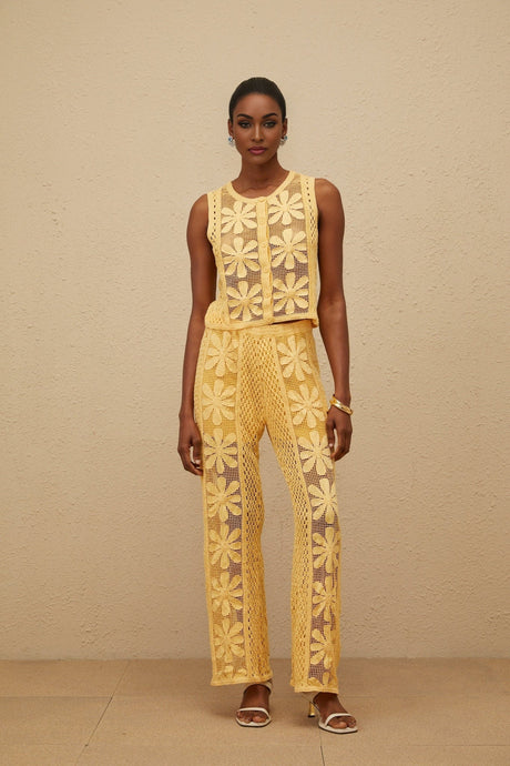 Primula Top & Trousers Set - Crochet Knit - Floral Jacquard - Elasticated Waistband - Button Fastening
