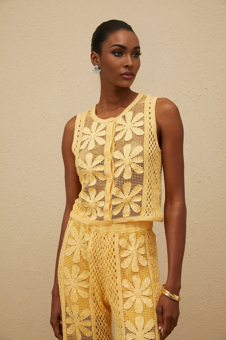 Primula Top & Trousers Set - Crochet Knit - Floral Jacquard - Elasticated Waistband - Button Fastening