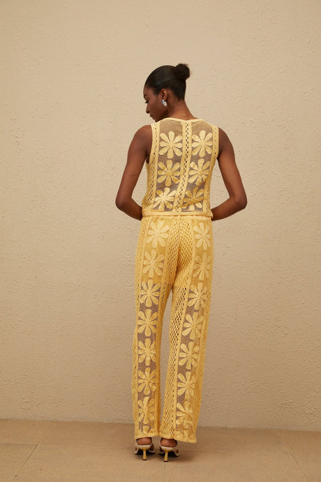 Primula Top & Trousers Set - Crochet Knit - Floral Jacquard - Elasticated Waistband - Button Fastening