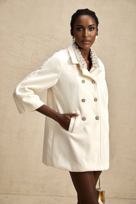 Priscilla Coat Crystal & Pearl Embellished Maxi Woolen Fabienne