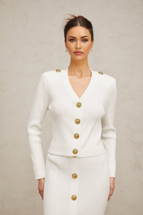Priscilla Jacket & Skirt Rib Knit White Epaulette Set