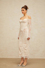 Priscilla Midi Dress White Lace Embellished Crystal Pearls & Boned Bodice