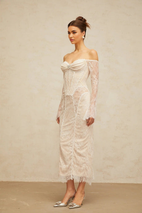 Priscilla Midi Dress White Lace Embellished Crystal Pearls & Boned Bodice
