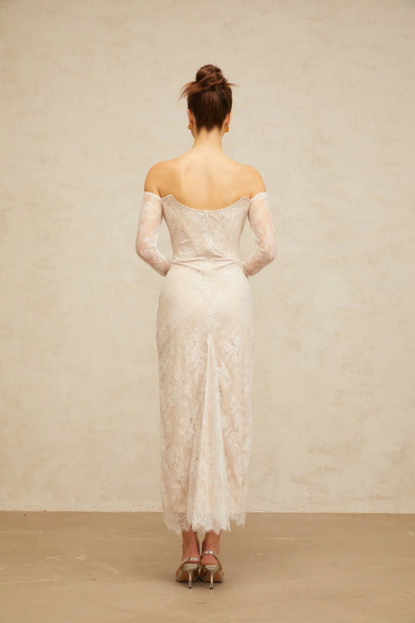 Priscilla Midi Dress White Lace Embellished Crystal Pearls & Boned Bodice